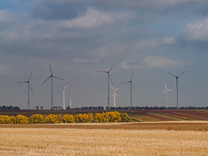 Windräder in einem Windpark in Rhein-Selz